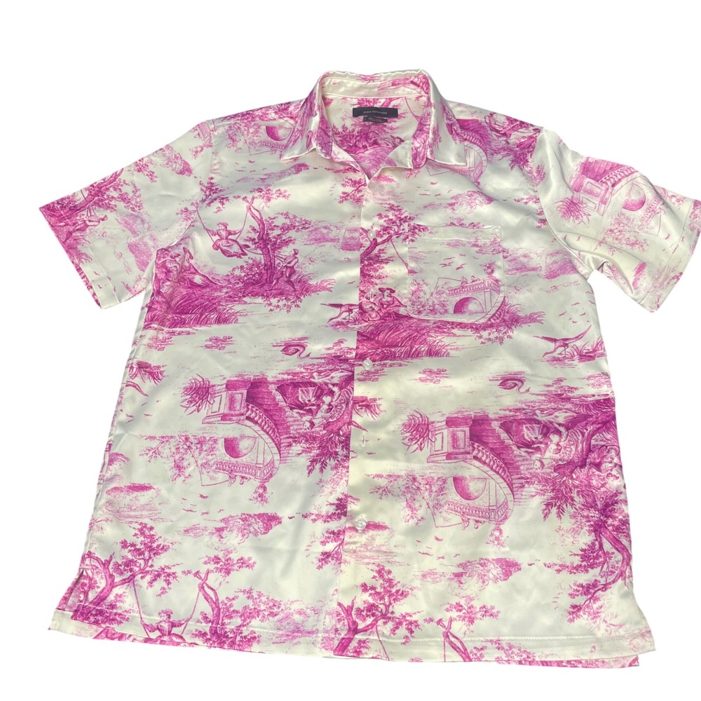 Urban Outfitters Pink Toile De Jouy Short Sleeve Button Down Shirt M Satin